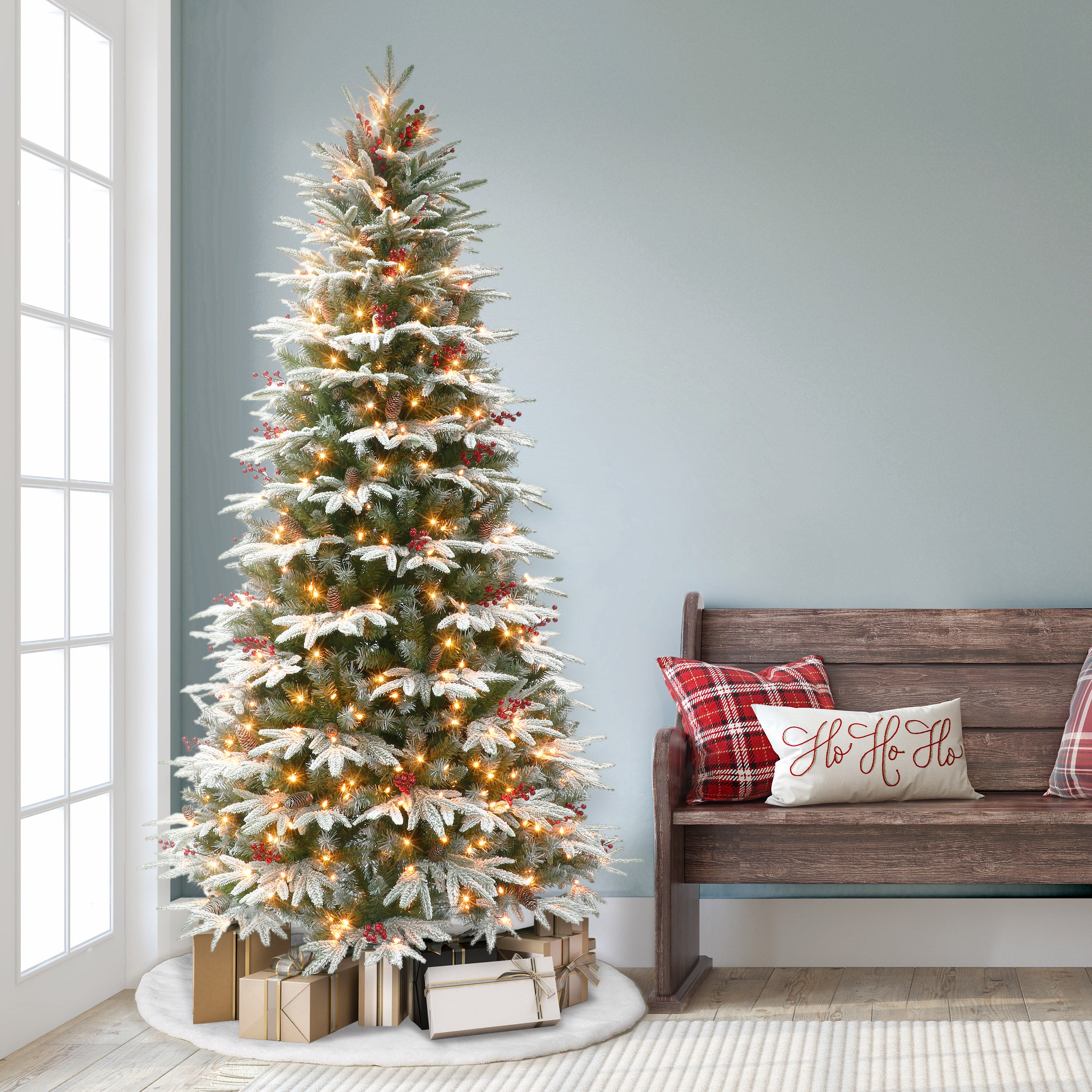 9ft Pre-lit Slim Flocked Halifax Fir Christmas Tree